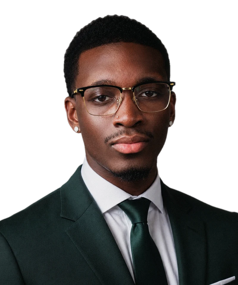 Jason Obawemimo, in a dark green suit and glasses